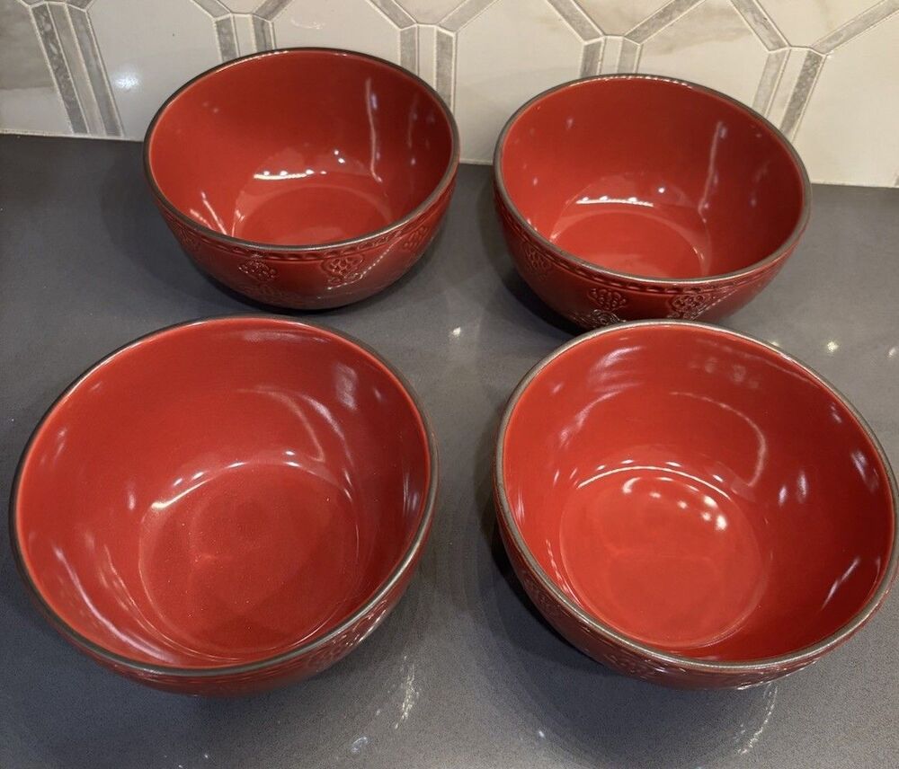 Cindy Crawford Style - Set Of Four Burgundy Round Soup/Cereal Bowls